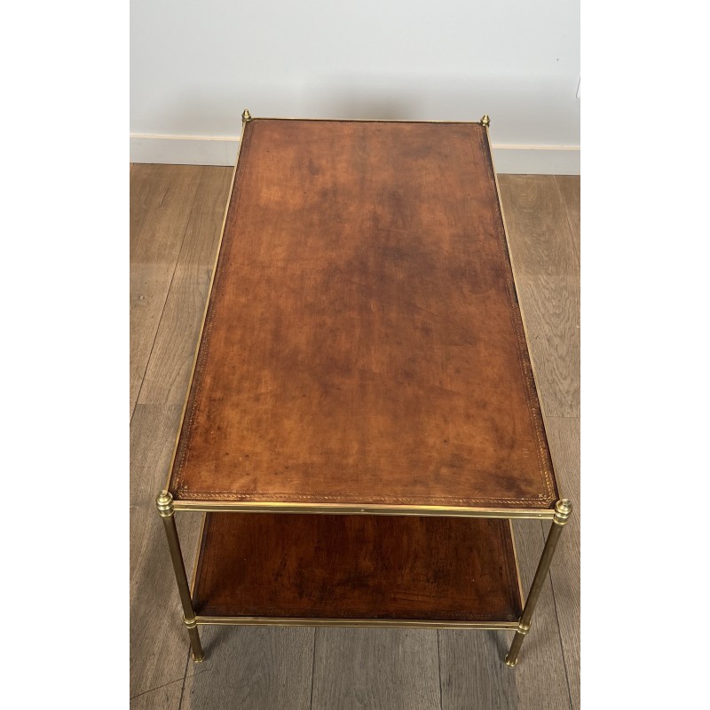 Importante Table Basse Néoclassique en Laiton à Deux Plateaux de Cuir, Maison Jansen, Vers 1940