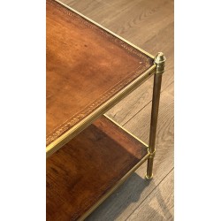 Importante Table Basse Néoclassique en Laiton à Deux Plateaux de Cuir, Maison Jansen, Vers 1940