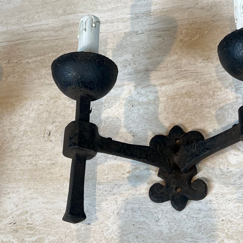 Pair of Gothic Style Wrought Iron Wall Lights with 2 Arms