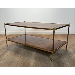 Importante Table Basse Néoclassique en Laiton à Deux Plateaux de Cuir, Maison Jansen, Vers 1940