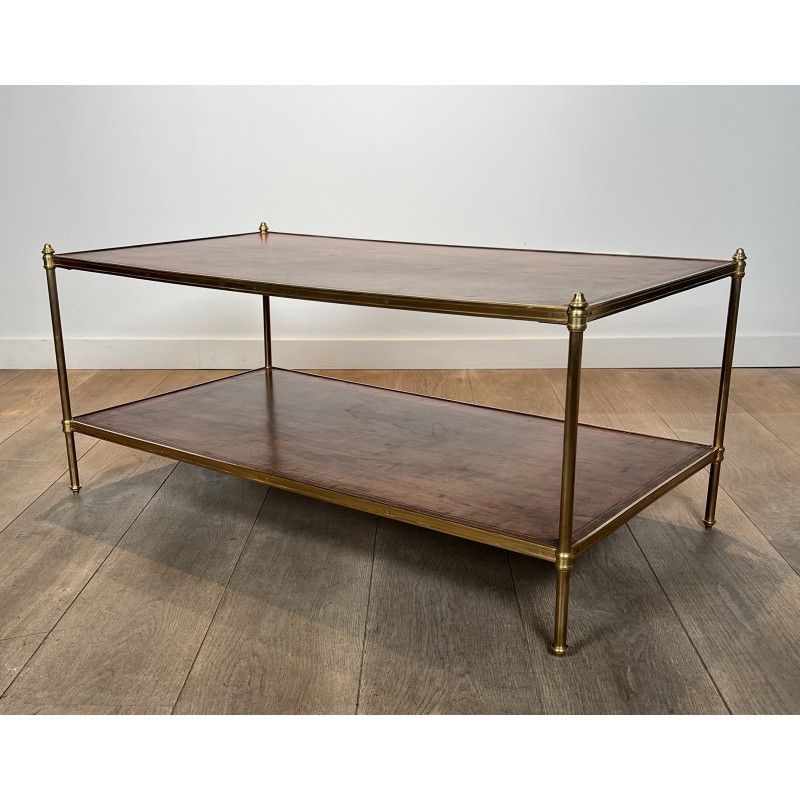 Important Neoclassical Brass Coffee Table with Double Leather Tops, Maison Jansen, Circa 1940