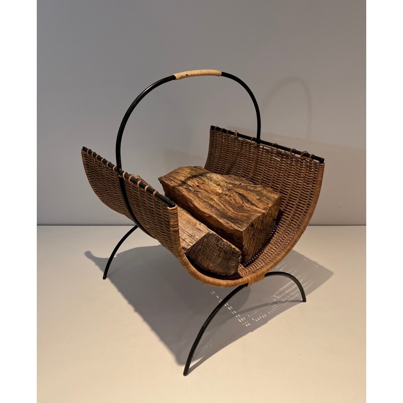 Porte-Bûches en Métal Laqué Noir et Rotin, Travail Français, Vers 1970