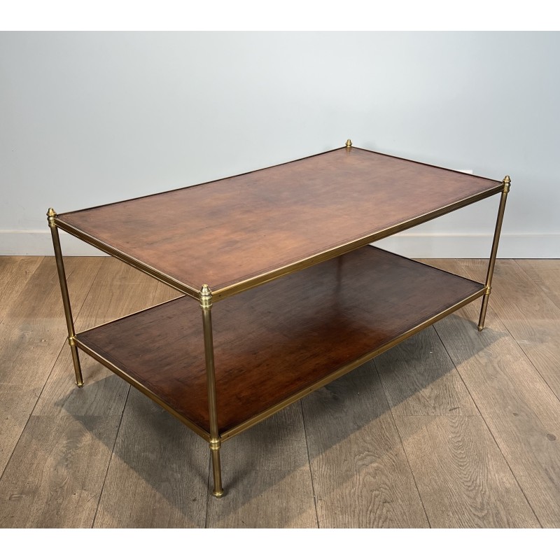Importante Table Basse Néoclassique en Laiton à Deux Plateaux de Cuir, Maison Jansen, Vers 1940