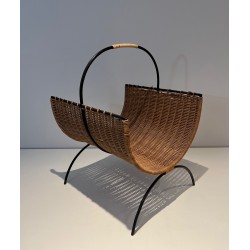 Rattan and Black Lacquered Metal Log Holder, French Work, Circa 1970