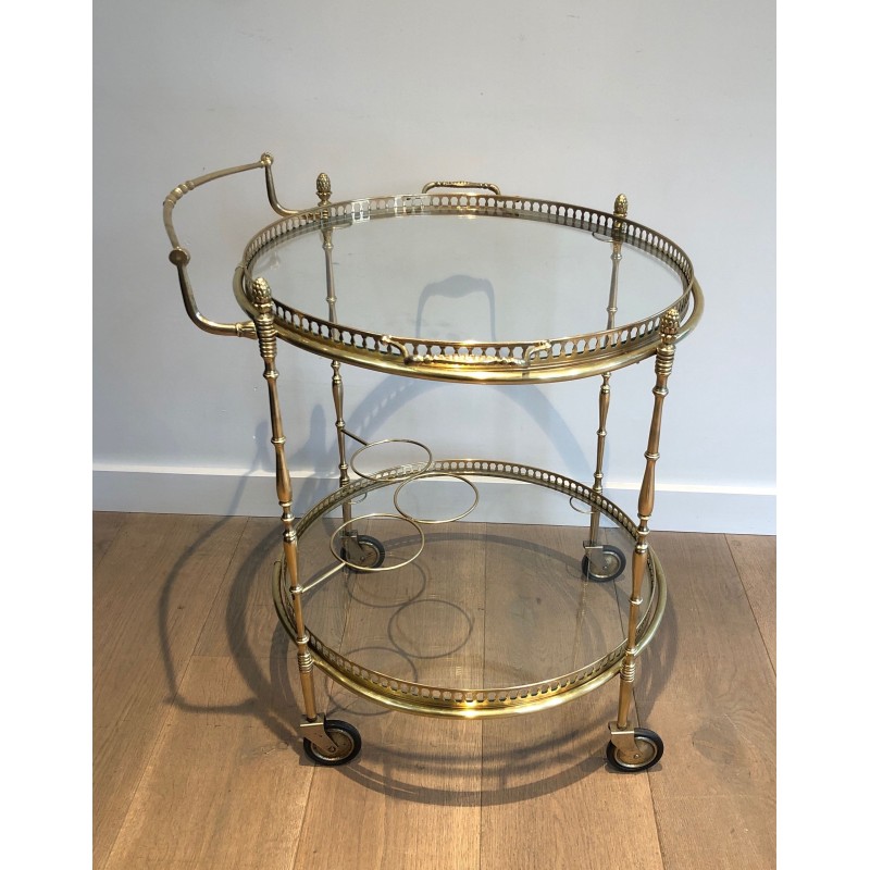 Table Roulante Ronde Néoclassique en Laiton à Plateaux Amovibles, Maison Baguès, Vers 1940