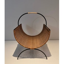 Porte-Bûches en Métal Laqué Noir et Rotin, Travail Français, Vers 1970