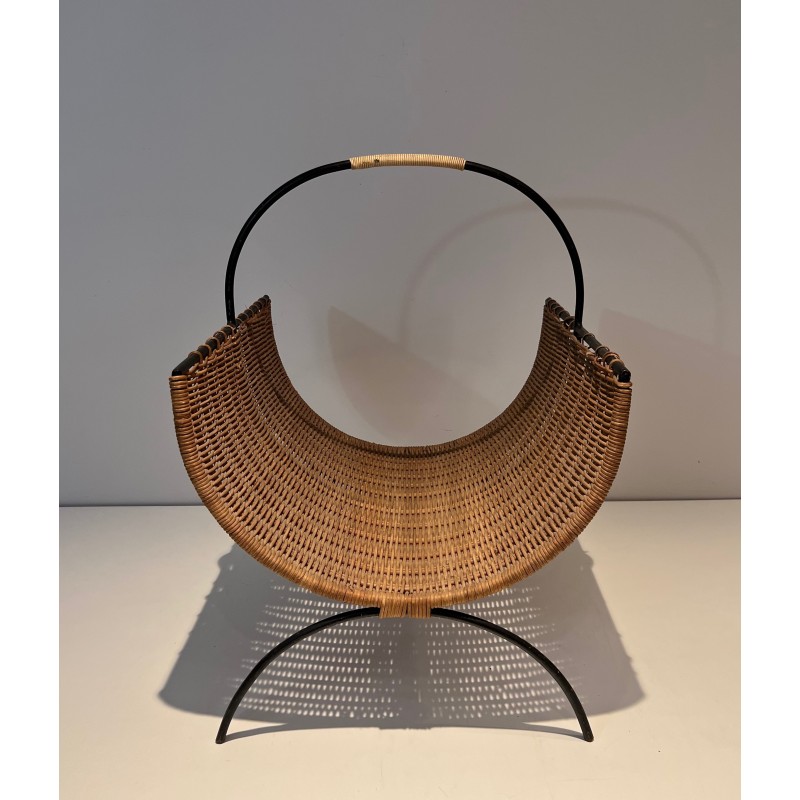 Rattan and Black Lacquered Metal Log Holder, French Work, Circa 1970