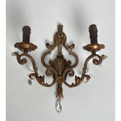 Pair of Patinated Wrought Iron Wall Sconces with Gilded Acanthus Leaves and Crystals