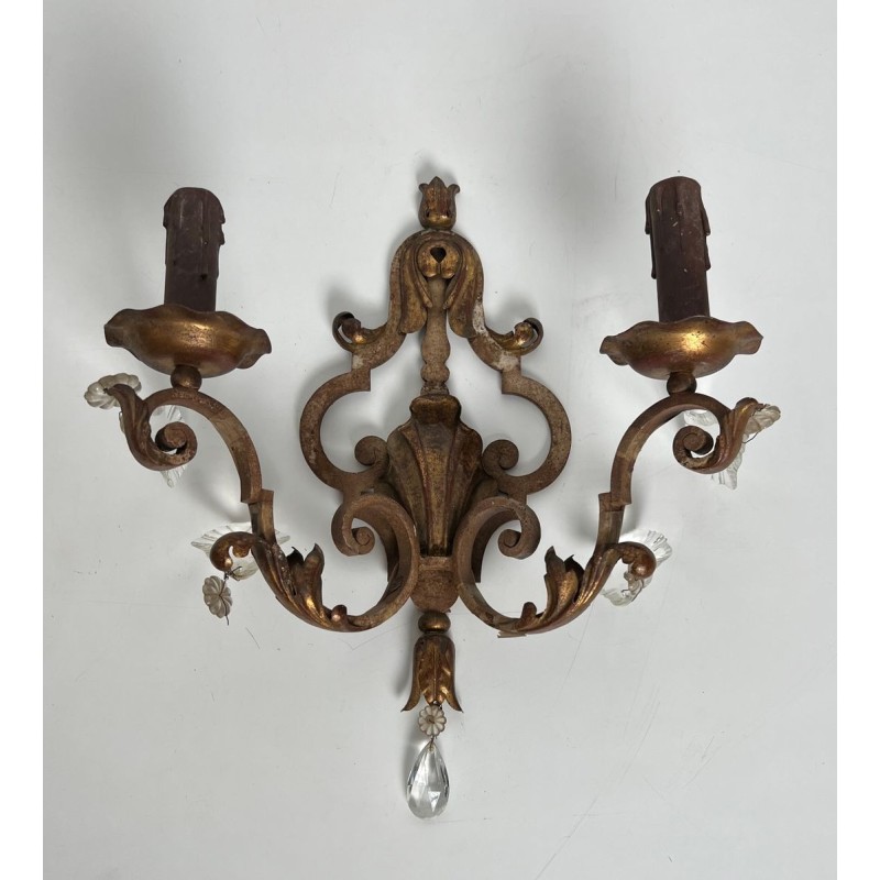 Pair of Patinated Wrought Iron Wall Sconces with Gilded Acanthus Leaves and Crystals