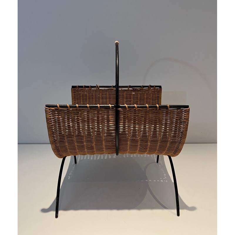 Rattan and Black Lacquered Metal Log Holder, French Work, Circa 1970