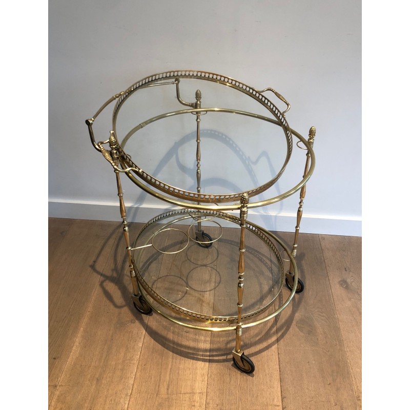 Neoclassical Round Brass Drinks Trolley with Removable Trays, Maison Baguès, Circa 1940