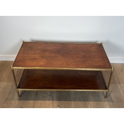 Importante Table Basse Néoclassique en Laiton à Deux Plateaux de Cuir, Maison Jansen, Vers 1940