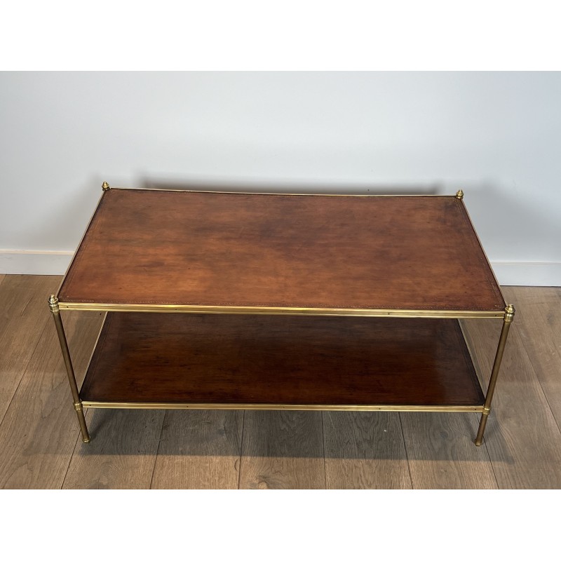 Importante Table Basse Néoclassique en Laiton à Deux Plateaux de Cuir, Maison Jansen, Vers 1940