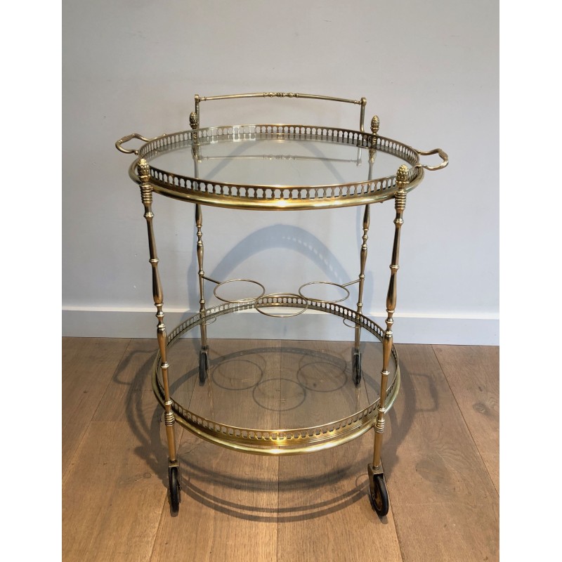 Table Roulante Ronde Néoclassique en Laiton à Plateaux Amovibles, Maison Baguès, Vers 1940