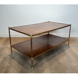Importante Table Basse Néoclassique en Laiton à Deux Plateaux de Cuir, Maison Jansen, Vers 1940