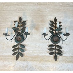 Pair of Decorative Wall Sconces with Sunflowers and Foliage in Patinated Metal