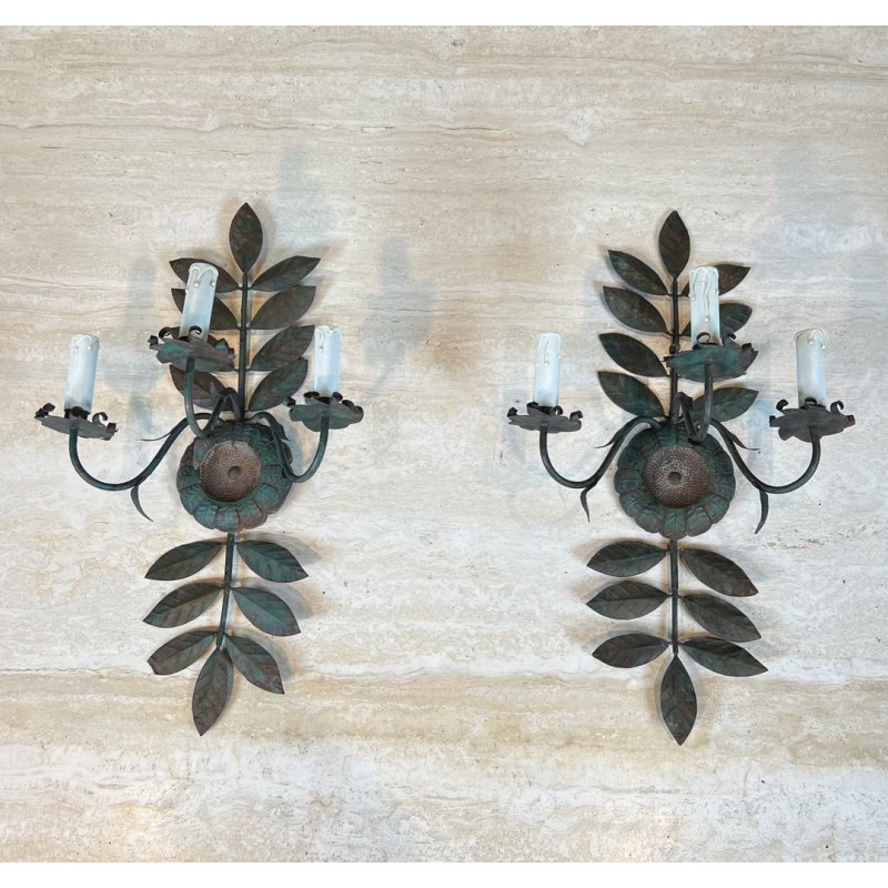 Pair of Decorative Wall Sconces with Sunflowers and Foliage in Patinated Metal