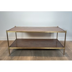 Important Neoclassical Brass Coffee Table with Double Leather Tops, Maison Jansen, Circa 1940