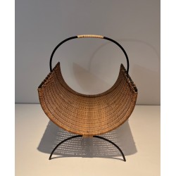 Rattan and Black Lacquered Metal Log Holder, French Work, Circa 1970