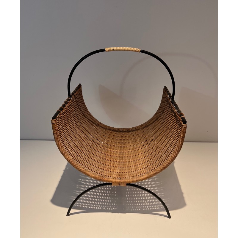 Porte-Bûches en Métal Laqué Noir et Rotin, Travail Français, Vers 1970