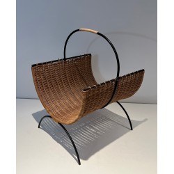 Porte-Bûches en Métal Laqué Noir et Rotin, Travail Français, Vers 1970