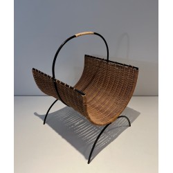 Rattan and Black Lacquered Metal Log Holder, French Work, Circa 1970