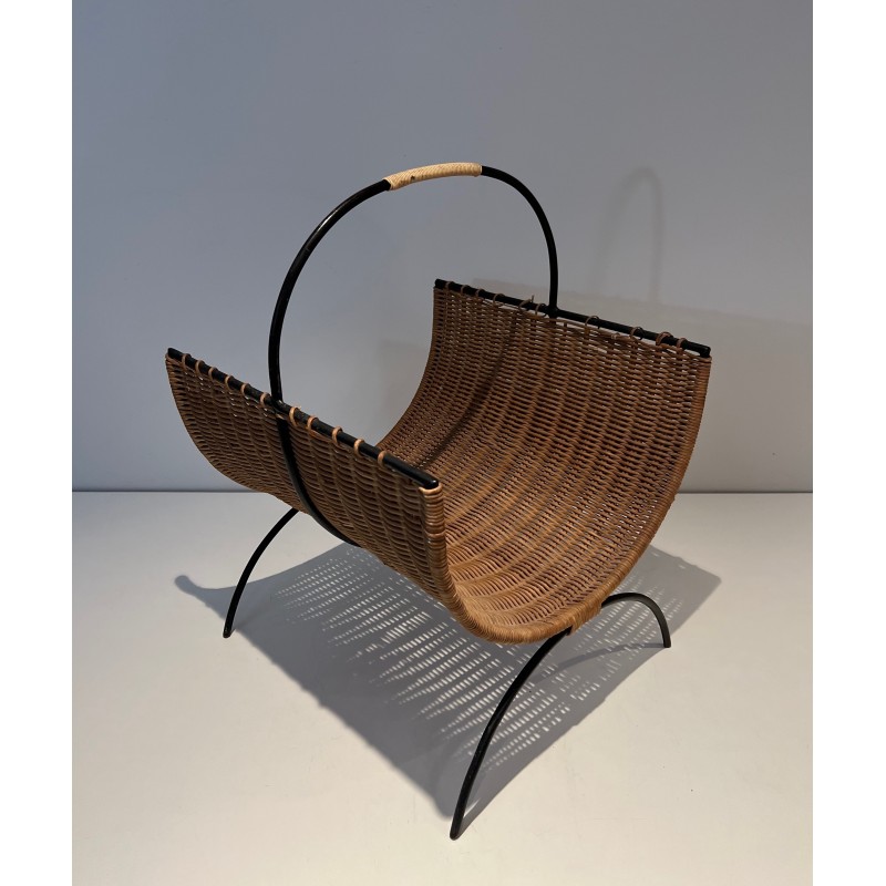 Rattan and Black Lacquered Metal Log Holder, French Work, Circa 1970