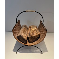 Porte-Bûches en Métal Laqué Noir et Rotin, Travail Français, Vers 1970