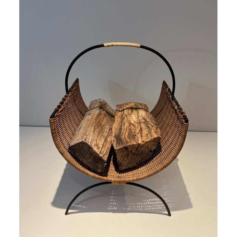 Porte-Bûches en Métal Laqué Noir et Rotin, Travail Français, Vers 1970
