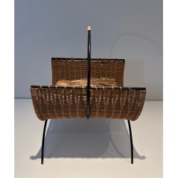 Porte-Bûches en Métal Laqué Noir et Rotin, Travail Français, Vers 1970
