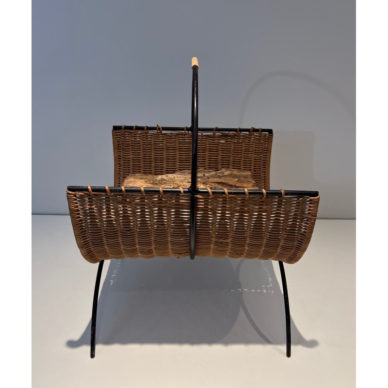 Rattan and Black Lacquered Metal Log Holder, French Work, Circa 1970