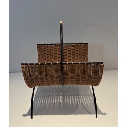 Rattan and Black Lacquered Metal Log Holder, French Work, Circa 1970