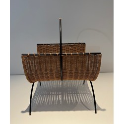 Rattan and Black Lacquered Metal Log Holder, French Work, Circa 1970