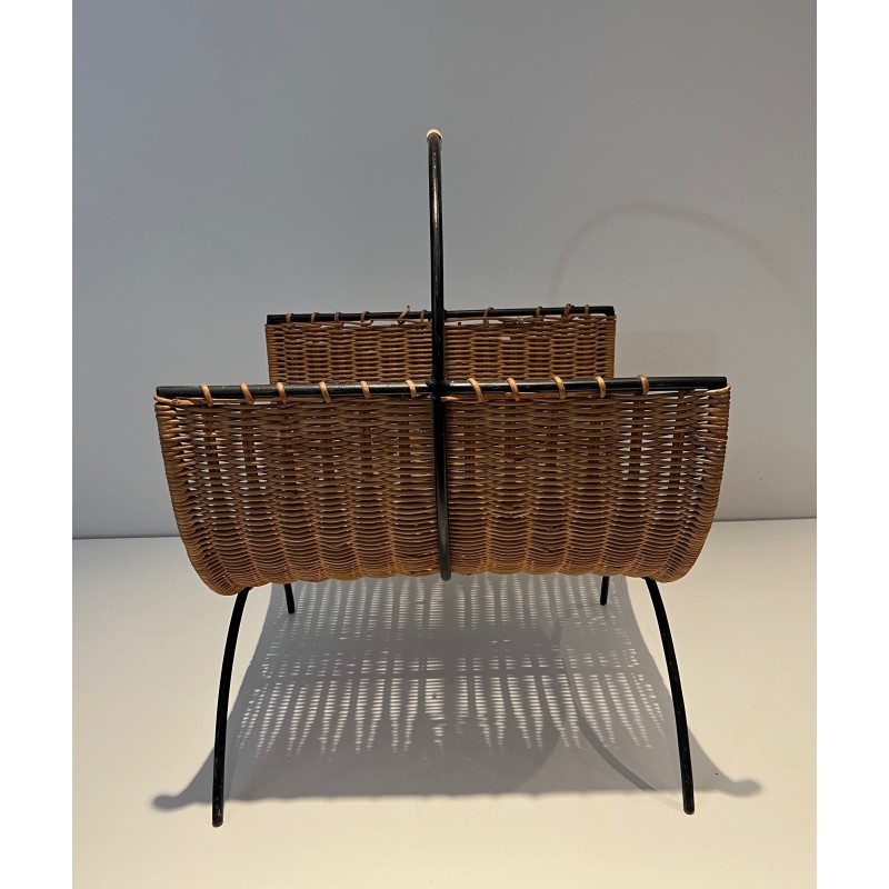 Porte-Bûches en Métal Laqué Noir et Rotin, Travail Français, Vers 1970