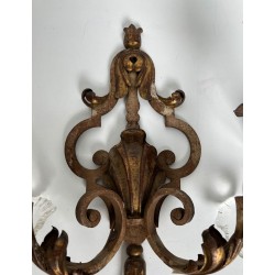 Pair of Patinated Wrought Iron Wall Sconces with Gilded Acanthus Leaves and Crystals