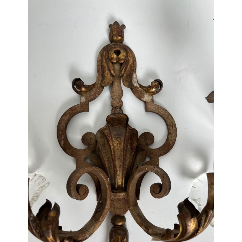 Pair of Patinated Wrought Iron Wall Sconces with Gilded Acanthus Leaves and Crystals