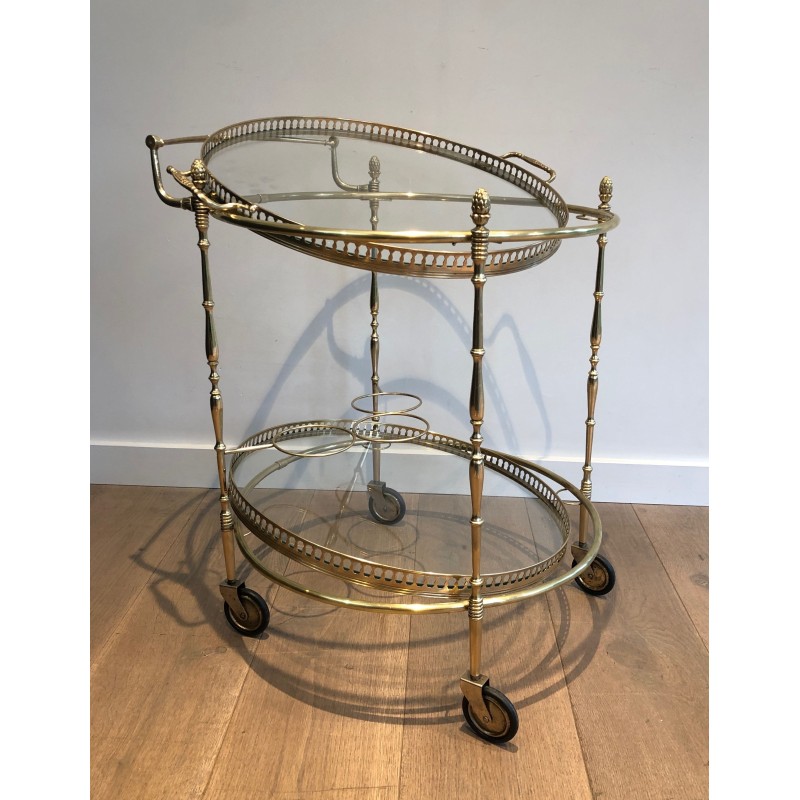 Table Roulante Ronde Néoclassique en Laiton à Plateaux Amovibles, Maison Baguès, Vers 1940