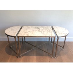 Neoclassical Silvered Metal Tripartite Coffee Table with Carrara Marble Tops, French Work, Circa 1940