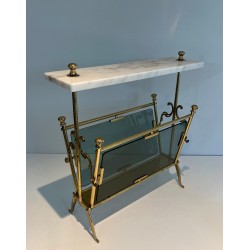 Brass Magazine Rack with Blue-Tinted Glass Panels and White Marble Top, French Work, Circa 1940
