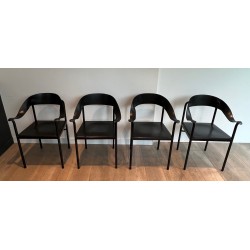 Suite of Four Leather and Black Lacquered Metal Armchairs, French Work, Circa 1970