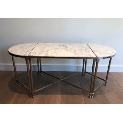 Neoclassical Silvered Metal Tripartite Coffee Table with Carrara Marble Tops, French Work, Circa 1940