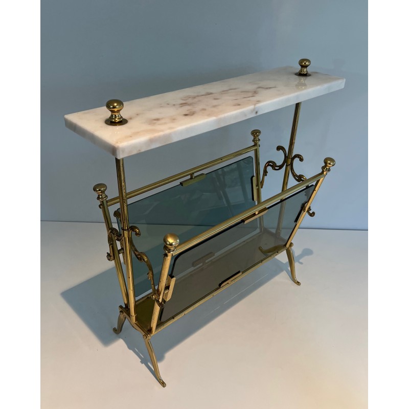 Brass Magazine Rack with Blue-Tinted Glass Panels and White Marble Top, French Work, Circa 1940