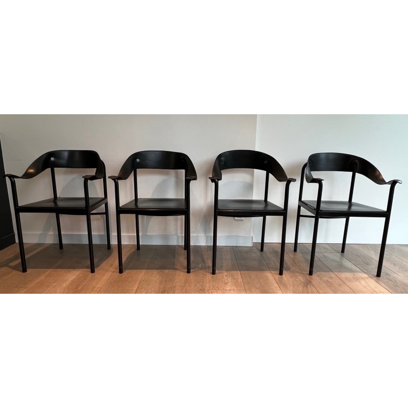 Suite of Four Leather and Black Lacquered Metal Armchairs, French Work, Circa 1970