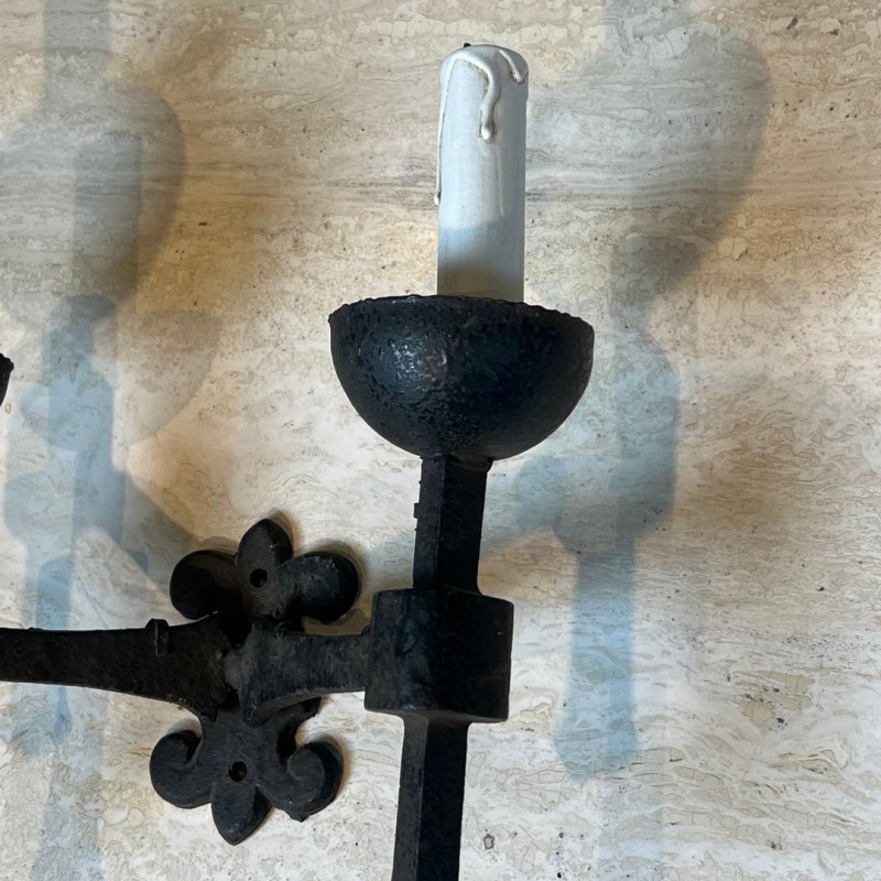 Pair of Gothic Style Wrought Iron Wall Lights with 2 Arms