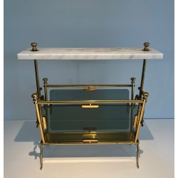 Brass Magazine Rack with Blue-Tinted Glass Panels and White Marble Top, French Work, Circa 1940