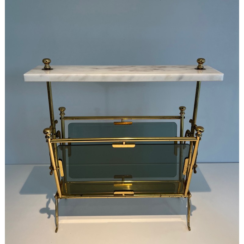 Porte-Revues en Laiton, Panneaux de Verre Bleuté et Plateau de Marbre Blanc, Travail Français, Vers 1940