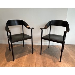 Suite of Four Leather and Black Lacquered Metal Armchairs, French Work, Circa 1970