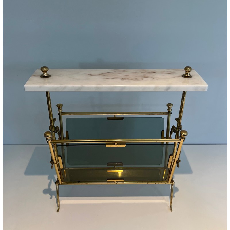 Porte-Revues en Laiton, Panneaux de Verre Bleuté et Plateau de Marbre Blanc, Travail Français, Vers 1940
