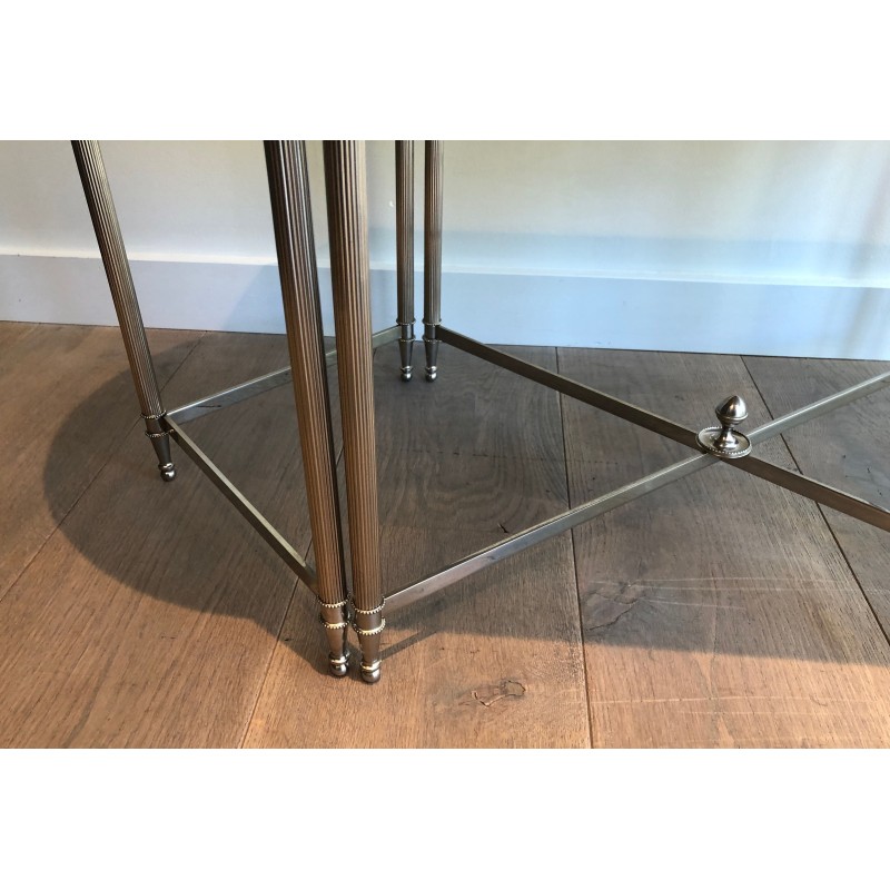Table Basse Tripartite Néoclassique en Métal Argenté à Plateaux de Marbre de Carrare, Travail Français, Vers 1940