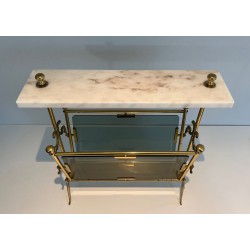 Porte-Revues en Laiton, Panneaux de Verre Bleuté et Plateau de Marbre Blanc, Travail Français, Vers 1940